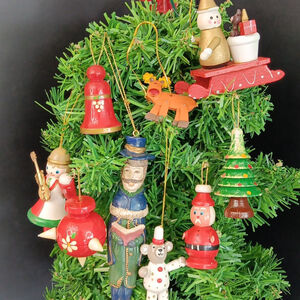 Wooden Collection Of Vintage Christmas Ornaments Hand Painted 9pcs Total
